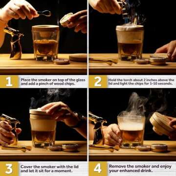 Bark & Barware Premium Cocktail Smoker Kit with Torch - Black Wood Box, Gold Tools, 6 Flavors Chips - Old Fashioned Bourbon Smoker Kit - (no Butane) Whisky Gifts for Men - Whiskey Smoker Kit