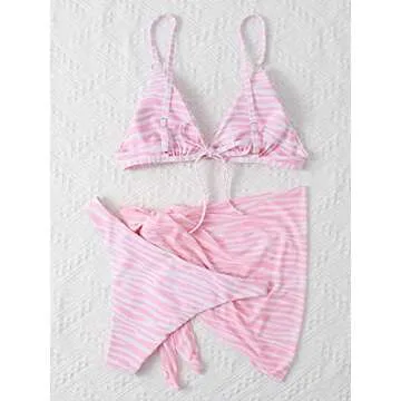 MakeMeChic Women's 3 Piece Triangle Bikini Set Swimsuit with Swim Cover Up Beach Skirt Zebra Striped Pink M
