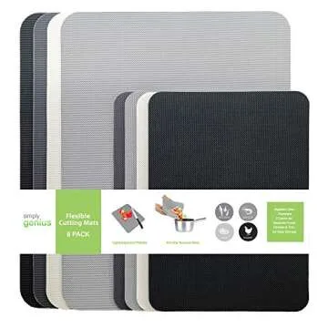 Simply Genius Plastic Cutting Boards for Kitchen - Color-Coded Pack of 8 Dishwasher Safe Flexible Cutting Mats for Meat & Vegetables - Gray Non-Slip Chopping Board Set