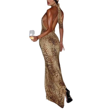 QNI Halter Neck Leopard Print Maxi Dress - Chic Backless Beach Dress in Brown (Small)