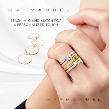 MAR MANUEL Stackable Rings Set for Women - Multiple Ring with 0.5 Micron 14K Gold Plated Rings, Sterling Silver & Rhodium Rings - Statement Style Design - Trendy Fashion Jewelry