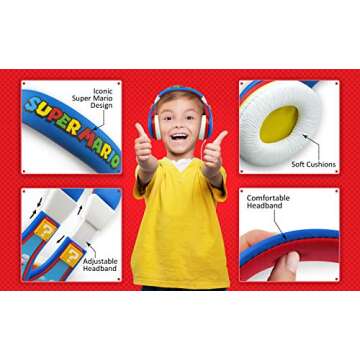 eKids Super Mario Kids Headphones, Adjustable Headband, Stereo Sound, 3.5Mm Jack, Wired Headphones f...