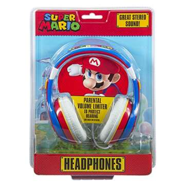 eKids Super Mario Kids Headphones, Adjustable Headband, Stereo Sound, 3.5Mm Jack, Wired Headphones for Kids, Tangle-Free, Volume Control, Childrens Headphones Over Ear for School Home, Travel