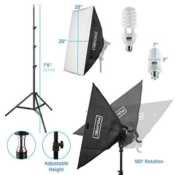Fovitec 2-Light 2000W Fluorescent Studio Lighting Kit, 20"x28" Softboxes, 10 Bulbs and 2 Light Stands for Portrait Photography and Video Production