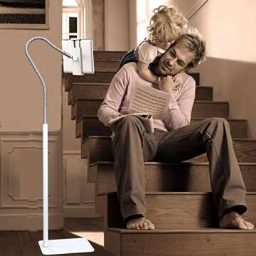 Creatop Tablet Floor Stand with Flexible Gooseneck and Stable Aluminum Base Suitable for 3.5” - 10.6” Smart Phone & Tablet White