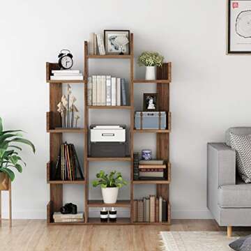 Tribesigns 12-Shelf Bookcase, Vintage Tree Bookshelf Book Rack Display Shelf Storage Organizer for CDs, Records, Books, Home Office Deco (Retro Brown)