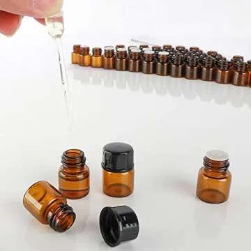 STARSIDE 50 pack 1 ml 1/4 Dram Mini Amber Glass Essential Oils Sample Bottles with Black Caps for Essential Oils,Chemistry Lab Chemicals,Colognes & Perfumes.3 plastic droppers as gift.