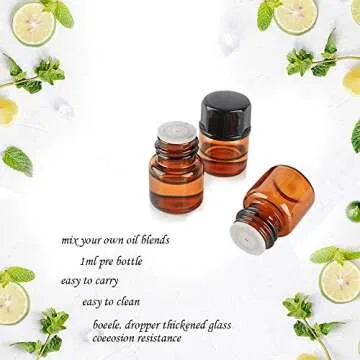 STARSIDE 50 pack 1 ml 1/4 Dram Mini Amber Glass Essential Oils Sample Bottles with Black Caps for Essential Oils,Chemistry Lab Chemicals,Colognes & Perfumes.3 plastic droppers as gift.