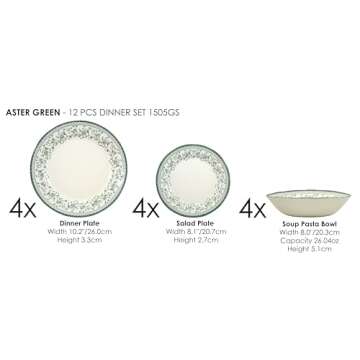 TUDOR ROYAL 12-Piece Round Porcelain Dinnerware Set, Service for 4 - Aster GREEN Design, Multicolor ...