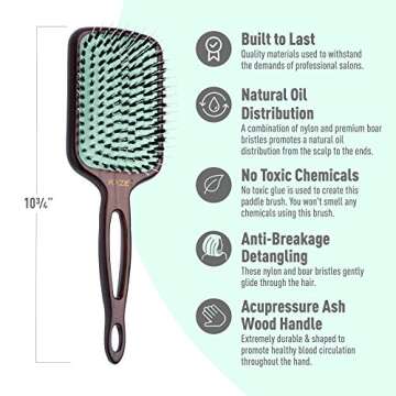 Eco-Friendly Boar Bristle Paddle Hair Brush for Women by MINT | Anti-Breakage Detangling Brush Great for Color-Treated Hair, Extensions and All Hair Types | Hand-Crafted Wooden Handle