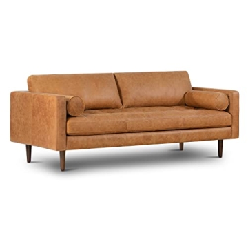 POLY & BARK Cognac Tan Brown Leather Couch - 88.5" Mid Century Leather Sofa with 2 Bolsters - Full G...