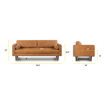 POLY & BARK Cognac Tan Brown Leather Couch - 88.5" Mid Century Leather Sofa with 2 Bolsters - Full Grain Camel Leather Couch - Feather-Down Topper On Seating Surface - Pure-Aniline Italian Leather