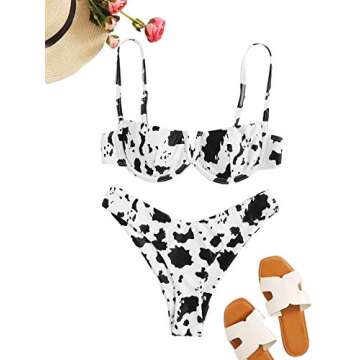 SweatyRocks Women's Sexy Bathing Suits Spaghetti Strap Floral Bikini Set Underwire Swimsuit Black White L