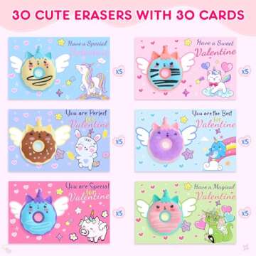 30 Pack Valentines Day Cards for Kids Classroom, Donut Erasers with Greeting Cards, Valentine Kids P...