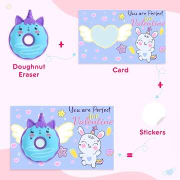 30 Pack Valentines Day Cards for Kids Classroom, Donut Erasers with Greeting Cards, Valentine Kids Party Favor, School Classroom Exchange Prizes, Ideal Valentines Gifts for Boys Girls
