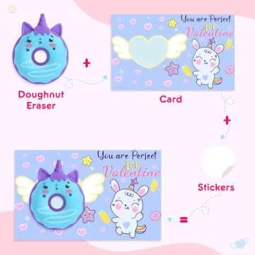 30 Pack Valentines Day Cards for Kids Classroom, Donut Erasers with Greeting Cards, Valentine Kids Party Favor, School Classroom Exchange Prizes, Ideal Valentines Gifts for Boys Girls