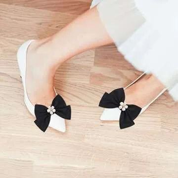 USHOBE 1 Pair Bow Shoe Clips Removable Shoe Charms Pearls Shoe Buckle Bowknot Dress Shoes Jewelry Decorative Shoe Accessories for Wedding Party Prom Decoration (Black)