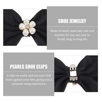 USHOBE 1 Pair Bow Shoe Clips Removable Shoe Charms Pearls Shoe Buckle Bowknot Dress Shoes Jewelry Decorative Shoe Accessories for Wedding Party Prom Decoration (Black)