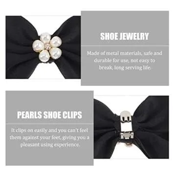 USHOBE 1 Pair Bow Shoe Clips Removable Shoe Charms Pearls Shoe Buckle Bowknot Dress Shoes Jewelry Decorative Shoe Accessories for Wedding Party Prom Decoration (Black)