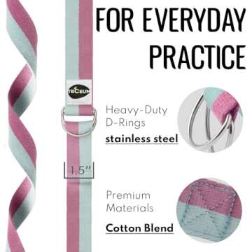 [NEW 2023] TECEUM Yoga Strap – Cotton – 6 ft 8 ft 10 ft (15+ colors) – Adjustable Non-Slip Belt for Daily Yoga Practice, Pilates, Stretching, Physical Therapy, Fitness & Home Workout – For All Levels