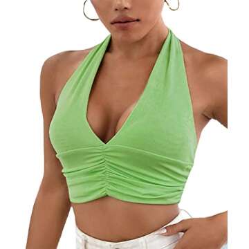 ELIGROW Going Out Tops for Women Deep V Neck Sexy Crop Top Tie Back Sleeveless Backless Cami Green X...