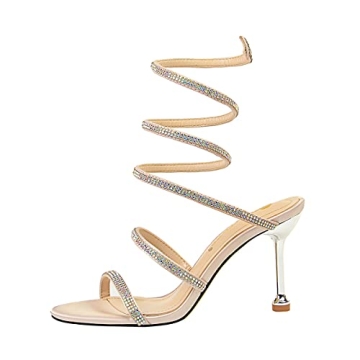 MissHeel Wrap Up Open Toe Heels Rhinestone Stiletto Heeled Sandals with Ankle Strap Sexy Champagne S...