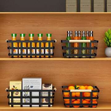 Large Farmhouse Wire Baskets Metal Storage Bin Basket Storage Organizer Farmhouse fruit Bin with Wood Handles for Pantry Cabinets - Black, 2 Packs