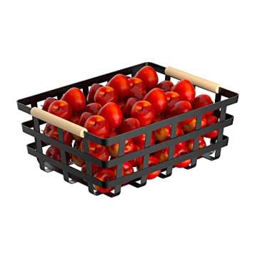 Large Farmhouse Wire Baskets Metal Storage Bin Basket Storage Organizer Farmhouse fruit Bin with Wood Handles for Pantry Cabinets - Black, 2 Packs