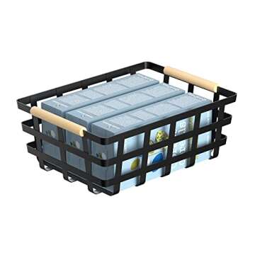 Large Farmhouse Wire Baskets Metal Storage Bin Basket Storage Organizer Farmhouse fruit Bin with Wood Handles for Pantry Cabinets - Black, 2 Packs