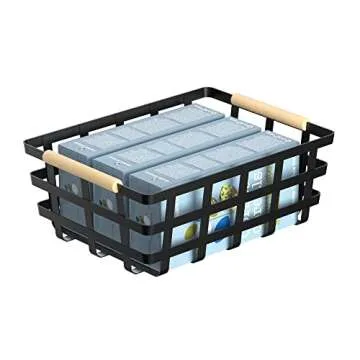 Large Farmhouse Wire Baskets Metal Storage Bin Basket Storage Organizer Farmhouse fruit Bin with Wood Handles for Pantry Cabinets - Black, 2 Packs