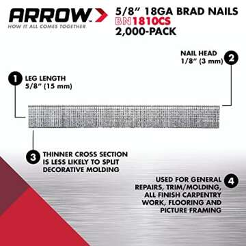 Arrow BN1810CS 18-Gauge Steel Brad Nails for Molding, Cabinets, Framing, Trim, and Finishing, Safe t...