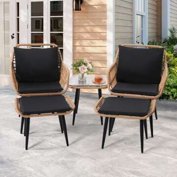 KROFEM 5 Piece Wicker Bistro Patio Conversation Furniture Set, Includes 2 Chairs, 2 Ottomans, and Si...