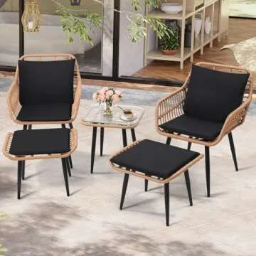 KROFEM 5 Piece Wicker Bistro Patio Conversation Furniture Set, Includes 2 Chairs, 2 Ottomans, and Side Table, Ideal for Porch, Balcony, Deck, Backyard, Natural