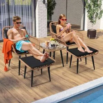 KROFEM 5 Piece Wicker Bistro Patio Conversation Furniture Set, Includes 2 Chairs, 2 Ottomans, and Side Table, Ideal for Porch, Balcony, Deck, Backyard, Natural