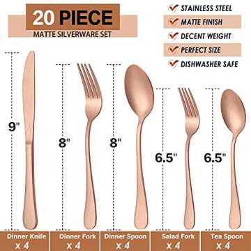 LIANYU 20 Piece Matte Copper Silverware Set, Stainless Steel Copper Flatware Cutlery Set for 4, Fanc...