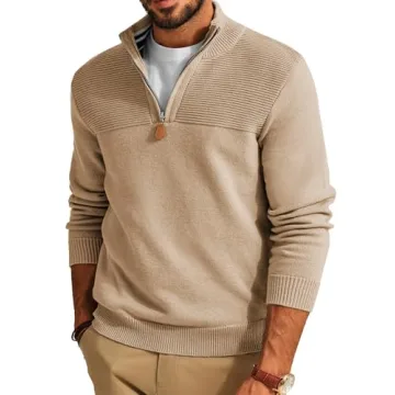 PJ PAUL JONES Men's Pullover Sweater - Quarter Zip Slim Fit Polo Khaki
