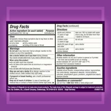 Allegra Adult 24HR Non-Drowsy Antihistamine, 70 Tablets, Fast-acting Allergy Symptom Relief, 180 mg