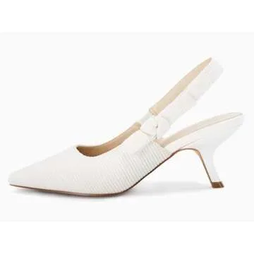 Coutgo Womens Slingback Kitten Heels Closed Pointed Toe Bowknot Knitted Slip On Work Pumps Dress Shoes, White, Size 8