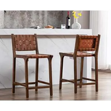 Kmax Counter Height Bar Stools 23 Inch Farmhouse Bar Stools Faux Leather Woven Straps with Wood Legs Footrest for Kitchen Island, Set of 2- Brown