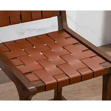 Kmax Counter Height Bar Stools 23 Inch Farmhouse Bar Stools Faux Leather Woven Straps with Wood Legs Footrest for Kitchen Island, Set of 2- Brown