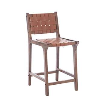 Kmax Counter Height Bar Stools 23 Inch Farmhouse Bar Stools Faux Leather Woven Straps with Wood Legs Footrest for Kitchen Island, Set of 2- Brown