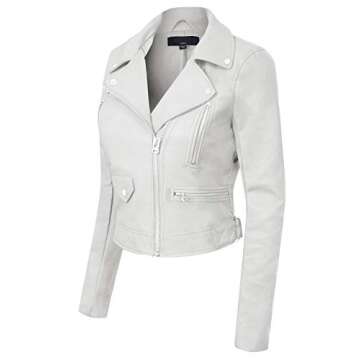 Design by Olivia Women's Long Sleeve Zipper Closure Moto Biker Faux Leather Jacket White S