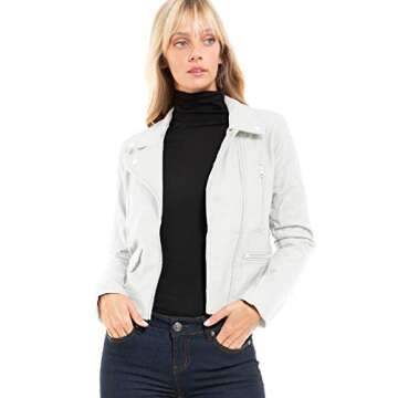 Design by Olivia Women's Long Sleeve Zipper Closure Moto Biker Faux Leather Jacket White S