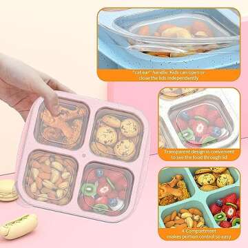 CIGENBON Bento Snack Boxes 4 Pack, Reusable Bento Boxes Kids with 4 Compartments & Fork, Lunch Snack...