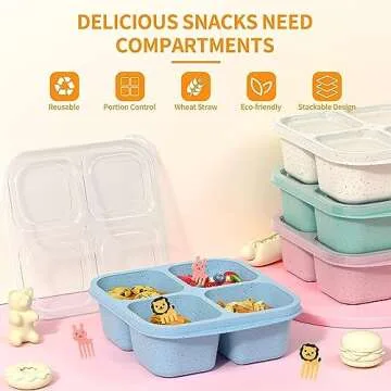 CIGENBON Bento Snack Boxes 4 Pack, Reusable Bento Boxes Kids with 4 Compartments & Fork, Lunch Snack Containers for Kids Adults, Divided Food Storage Containers for School Work Travel (Wheat)