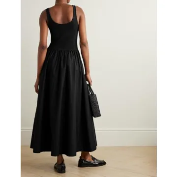 Dsewpaur Summer Maxi Dress for Women Casual Sleeveless Square Neck Tank Long Swing Dress Patchwork Flowy Dress with Pocket Black