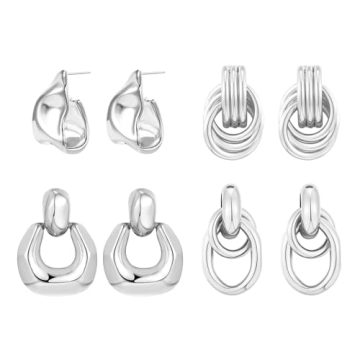 LANDOOK 4 Pairs Silver Dangle Earrings for Women Geometric Knot Statement Drop Earrings for Women Tr...
