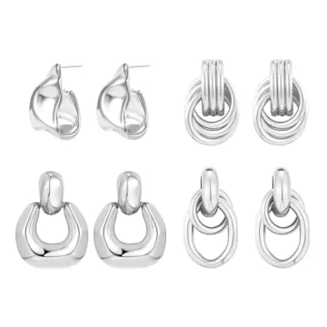 LANDOOK 4 Pairs Silver Dangle Earrings for Women Geometric Knot Statement Drop Earrings for Women Tr...