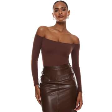 INLYRIC Women's Natrelax Off The Shoulder Bodysuit Long Sleeve Thong Sexy Bodycon Slim Fit Tops Leot...