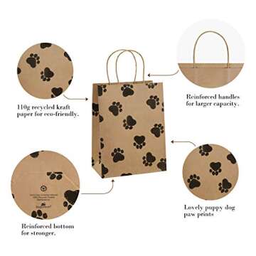 BagDream Gift Bags 25Pcs 8x4.25x10.5 Inches Shopping Bags, Paper Bags with handles, Kraft Bags, Retail Bags, Holiday Party Bags, Puppy Dog's Paw Print Brown Gift Bags